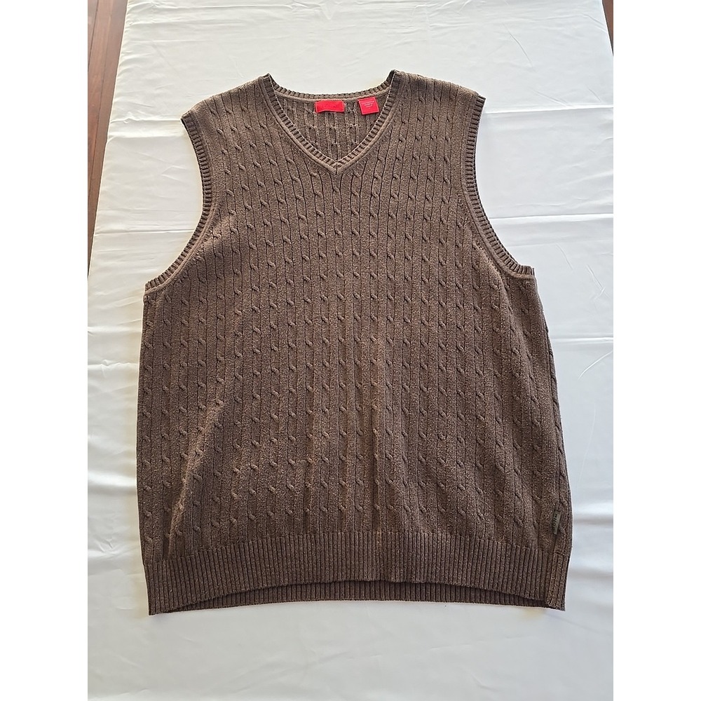 IZOD Men's Large V Neck Brown Knit Sleeveless Sweater Vest Cotton